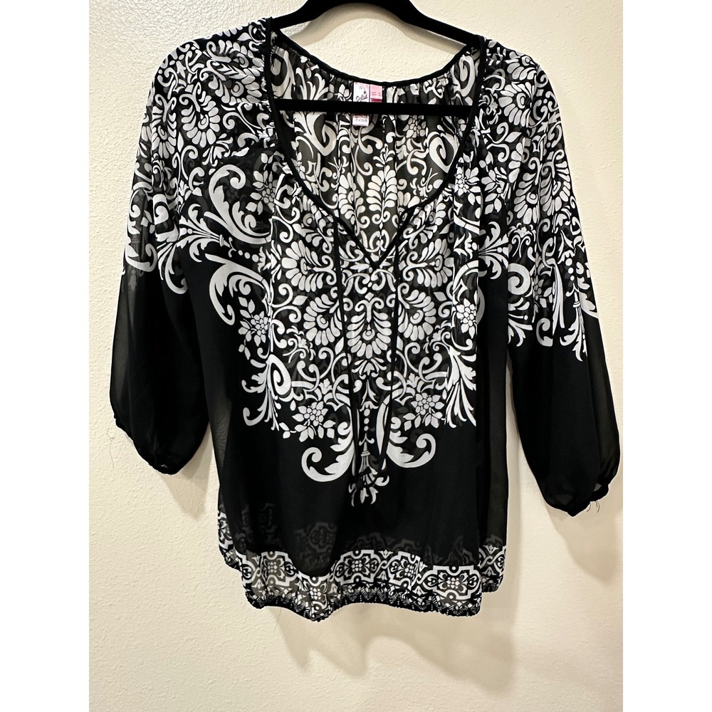 Dolled Up by FANG Women's Black White Damask Floral Chiffon Blouse Medium M